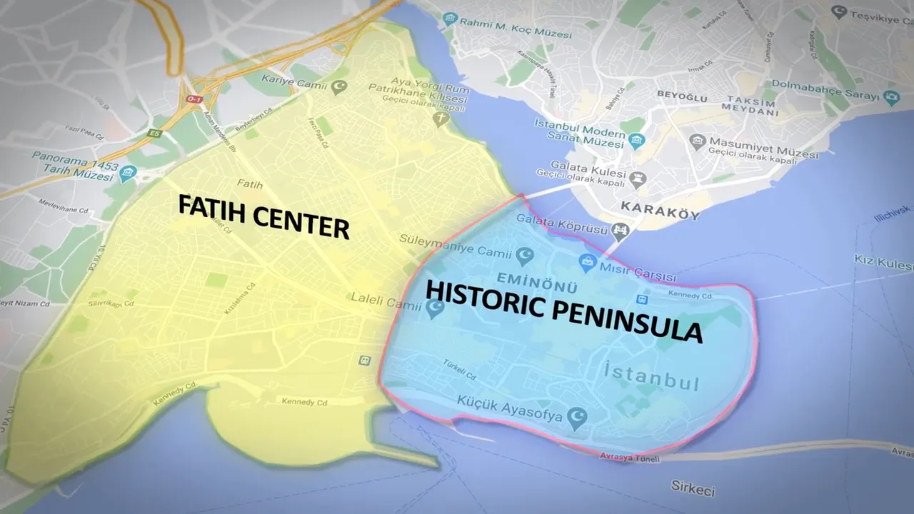 Map with highlighted zones labeled 'FATIH CENTER' and 'HISTORIC PENINSULA' showing the peninsula area