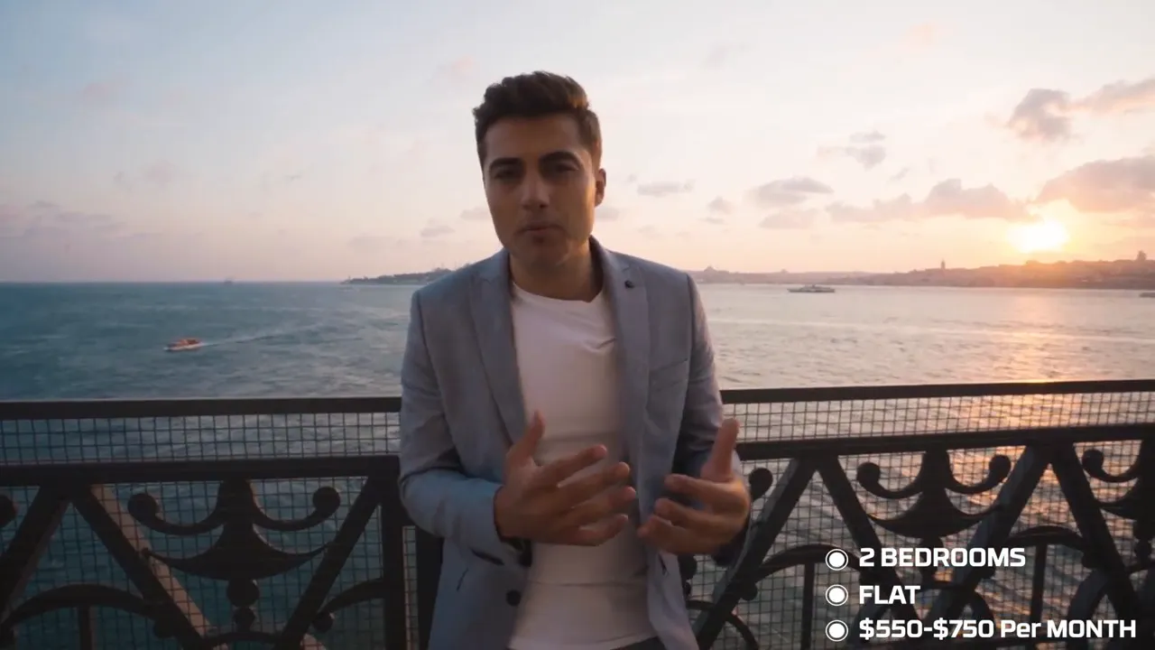 Presenter on a bridge with the Bosphorus and sunset behind and on-screen text showing '2 bedrooms' and rental price.