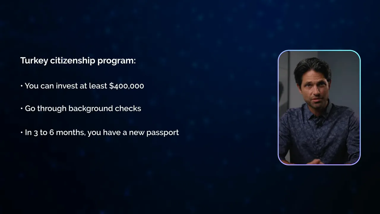Clear slide listing Turkey citizenship program bullets with presenter video inset on the right