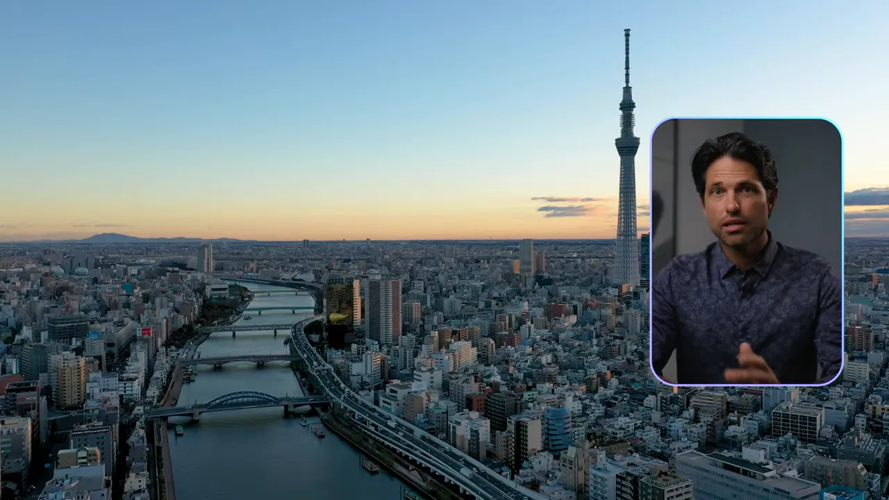 Aerial cityscape with river and skyline at sunset, presenter inset on the right