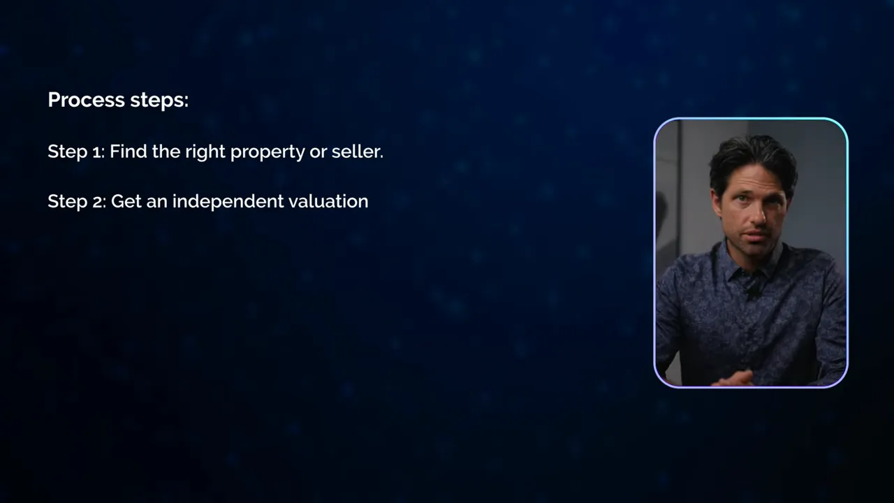 Slide titled 'Process steps:' showing Step 1: Find the right property or seller and Step 2: Get an independent valuation with presenter inset