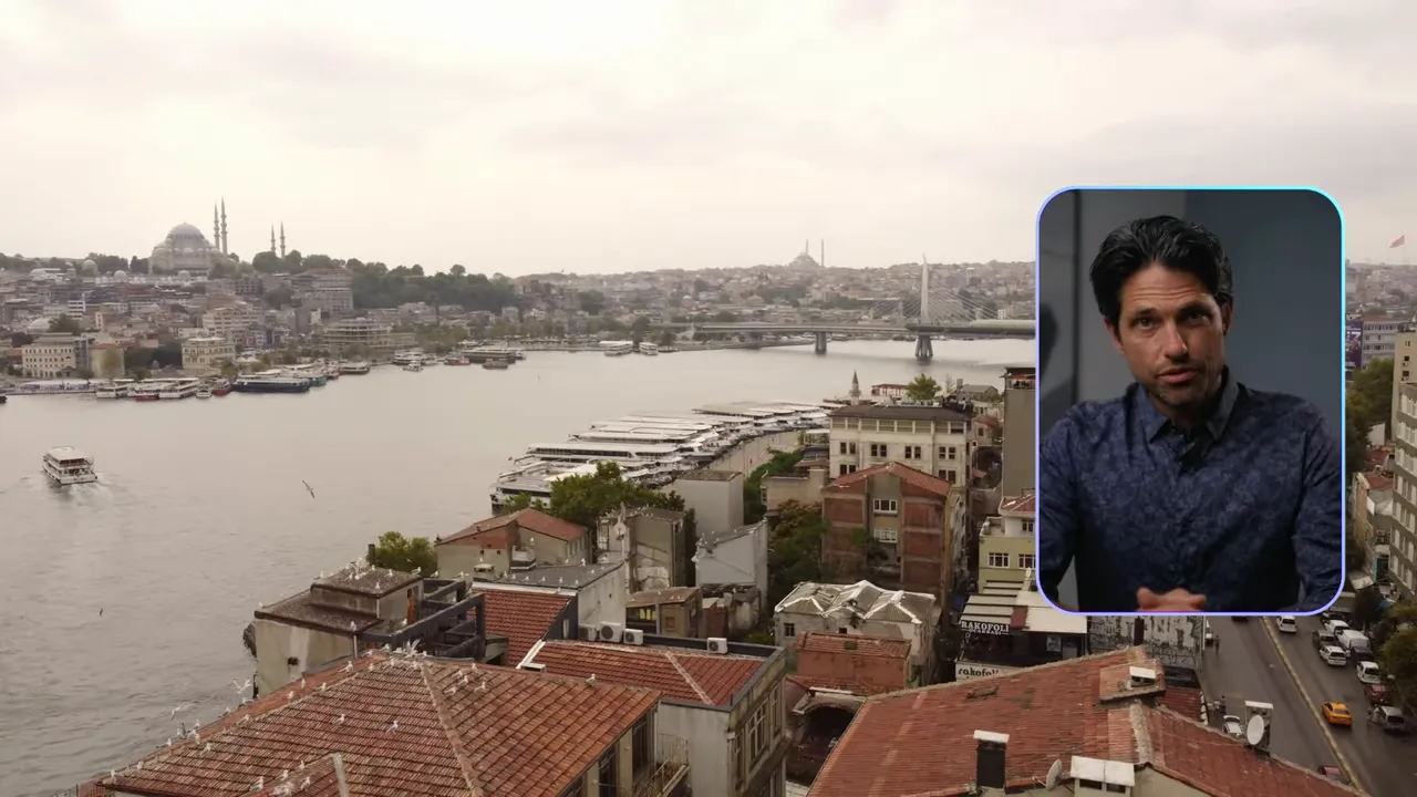 Istanbul aerial view with presenter inset discussing citizenship benefits