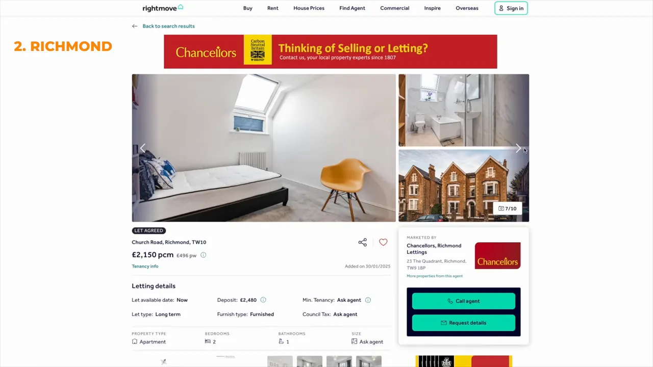 Rightmove ilanı: Church Road, Richmond yatak odası fotoğrafı ve a&ccedil;ık&ccedil;a g&ouml;r&uuml;nen &pound;2,150 pcm fiyat etiketi.