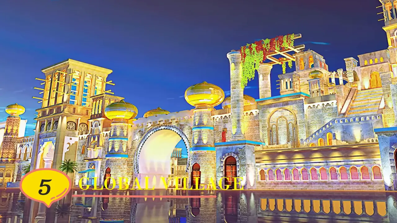 Global Village illuminated pavilions at night with reflections and an overlaid 'Global Village' title