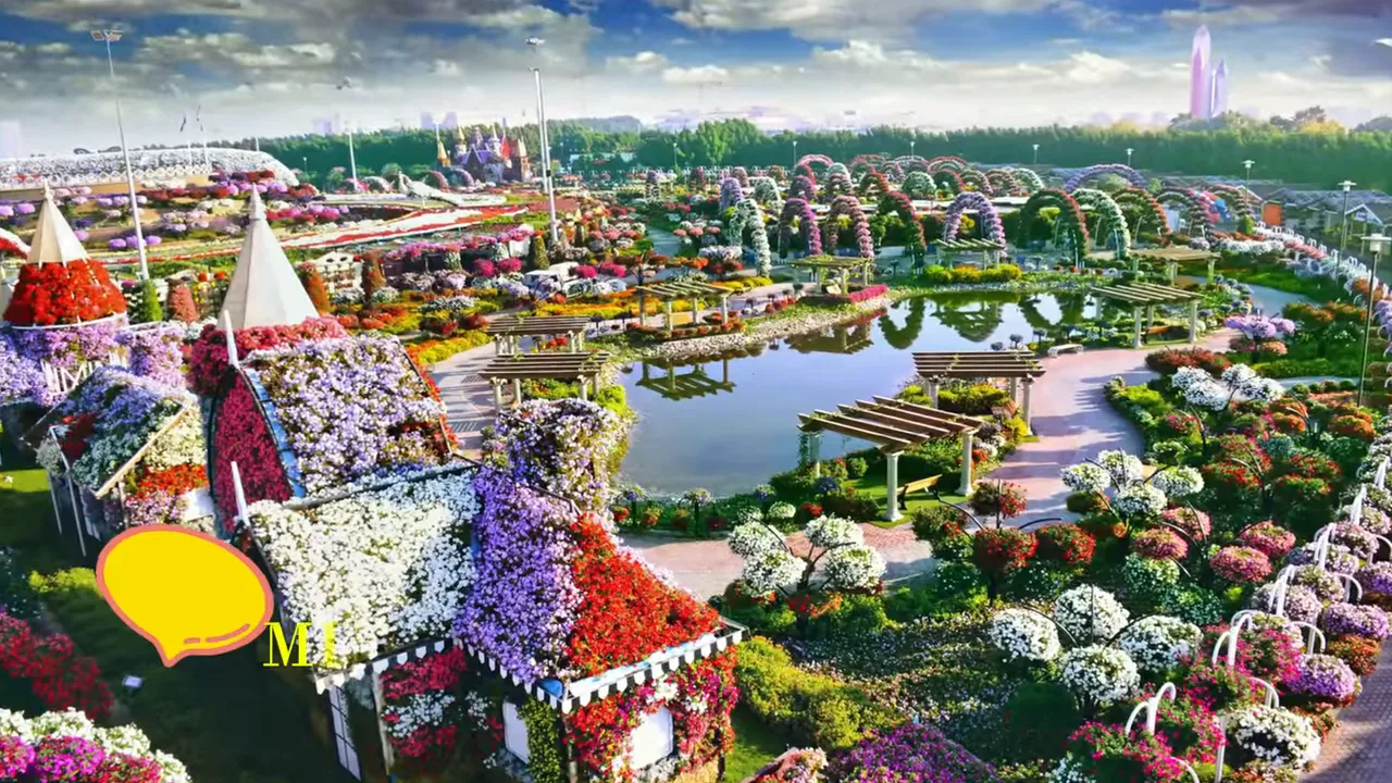 Panoramic view of Dubai Miracle Garden with flower-covered structures and a central pond
