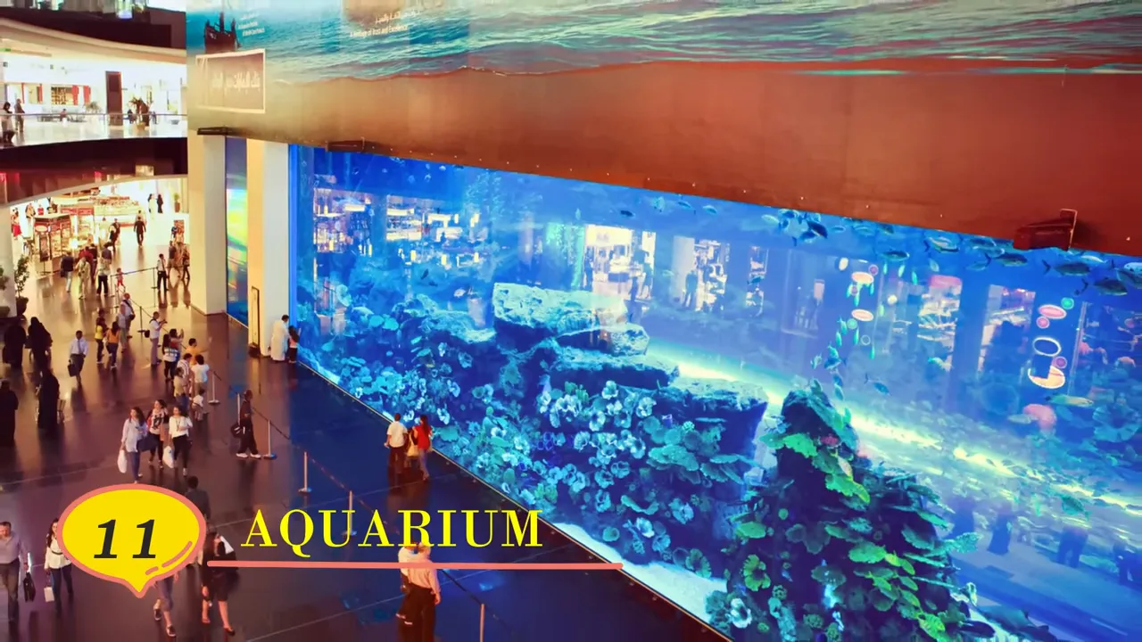 Massive Dubai Aquarium tank with coral formations and shoppers viewing from the mall