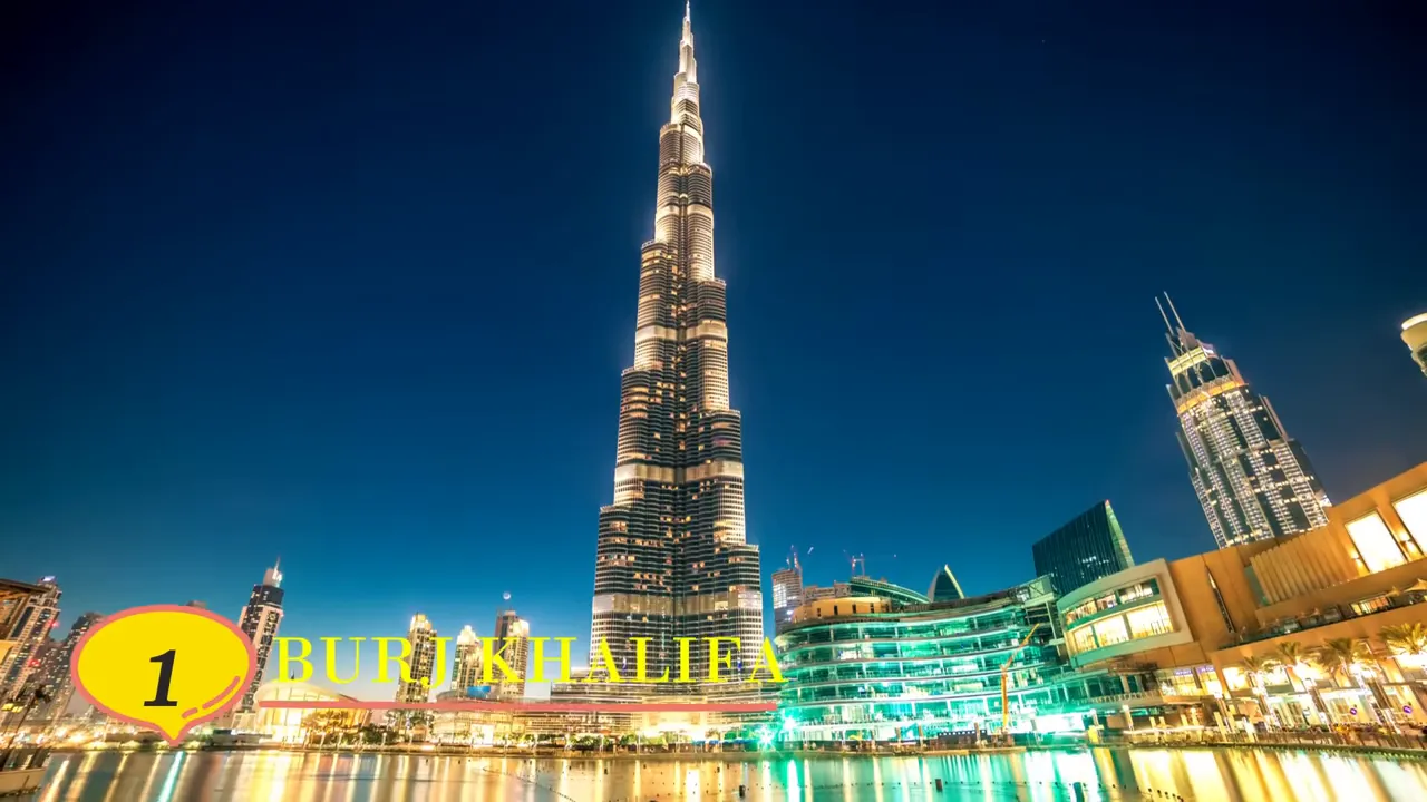 Centered Burj Khalifa illuminated at night with Dubai Mall and waterfront in the foreground and a small '1' title overlay