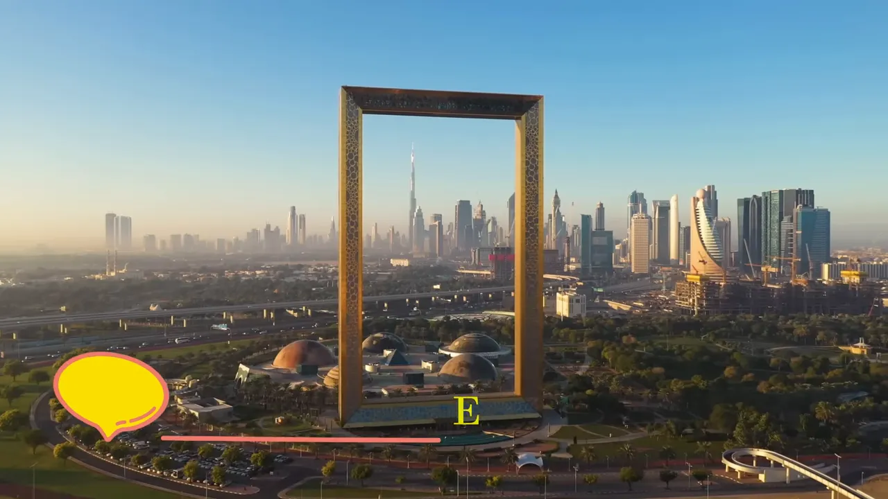 Clean aerial shot of the Dubai Frame with the Burj Khalifa visible through the frame