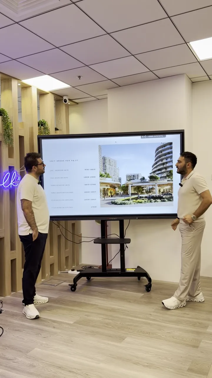 Beyond Siora Hado etabı sunumu: sağda proje g&ouml;rseli, solda birim alanları listesi, sunum yapan iki kişi ekranı tartışıyor.