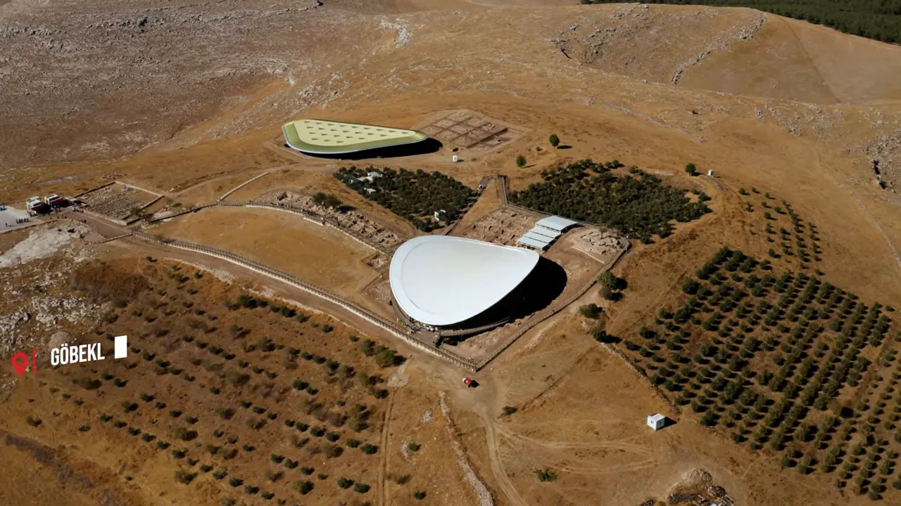 Aerial photo of Göbekli Tepe archaeological site showing excavated circular enclosures and white protective roofs