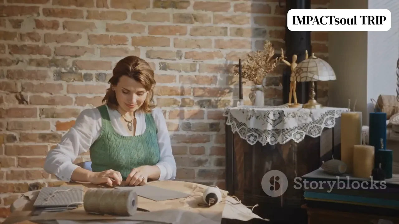 Person working at a craft table in a warm, brick-walled room with home-style decorations.
