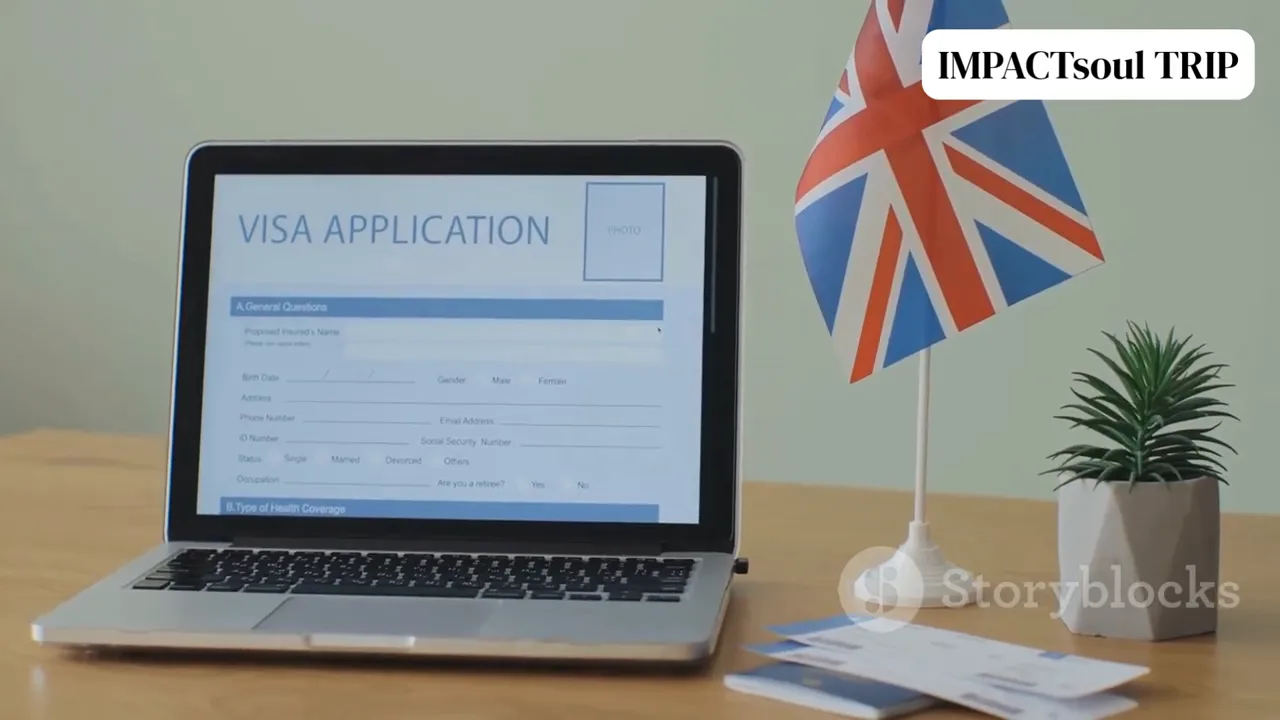 Clear laptop screen showing a visa application form with a small UK flag on the desk