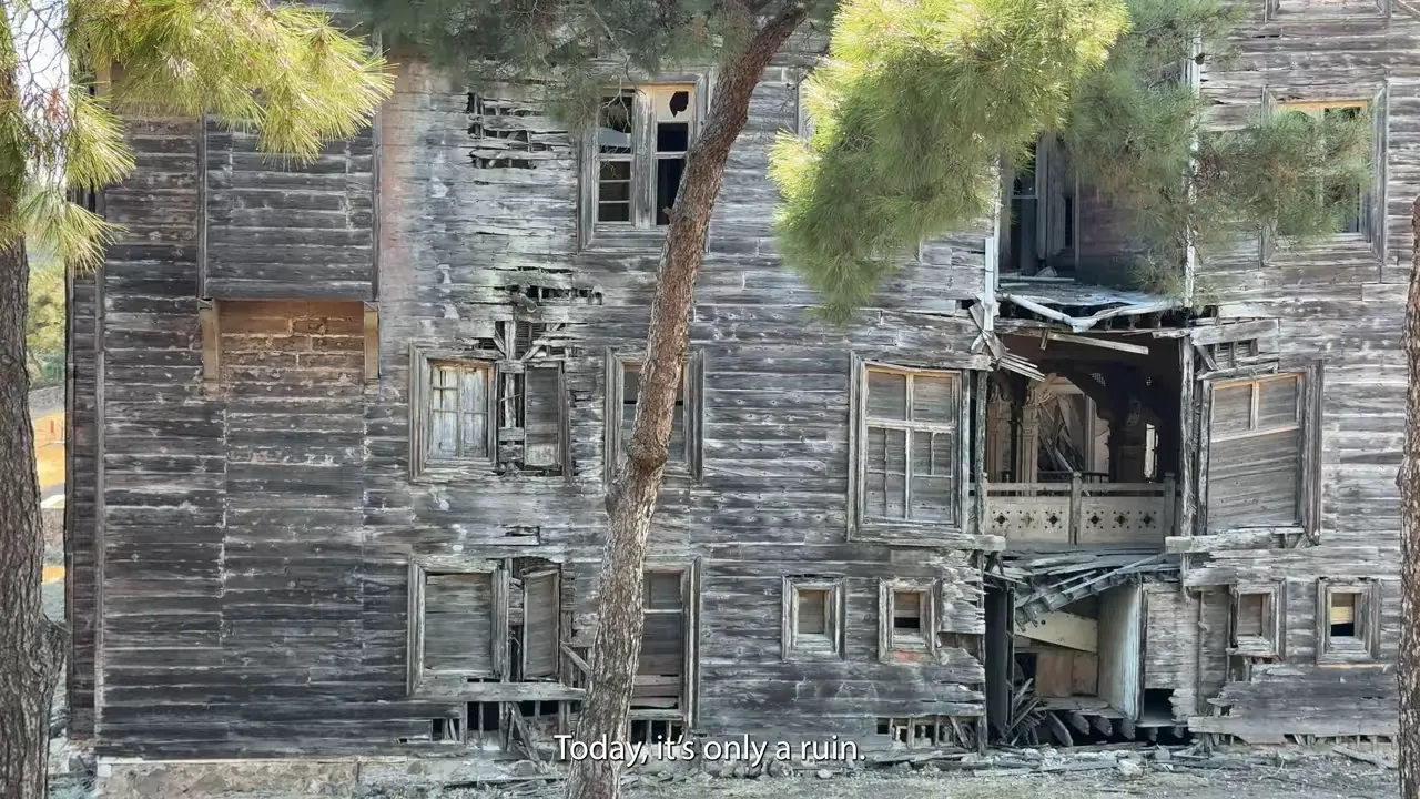 Close-up of the burned Greek orphanage wooden ruin on B&uuml;y&uuml;kada