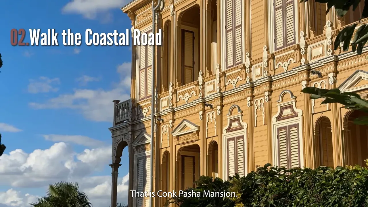 Conk Pasha Mansion on B&uuml;y&uuml;kada with ornate yellow facade and sea-side setting