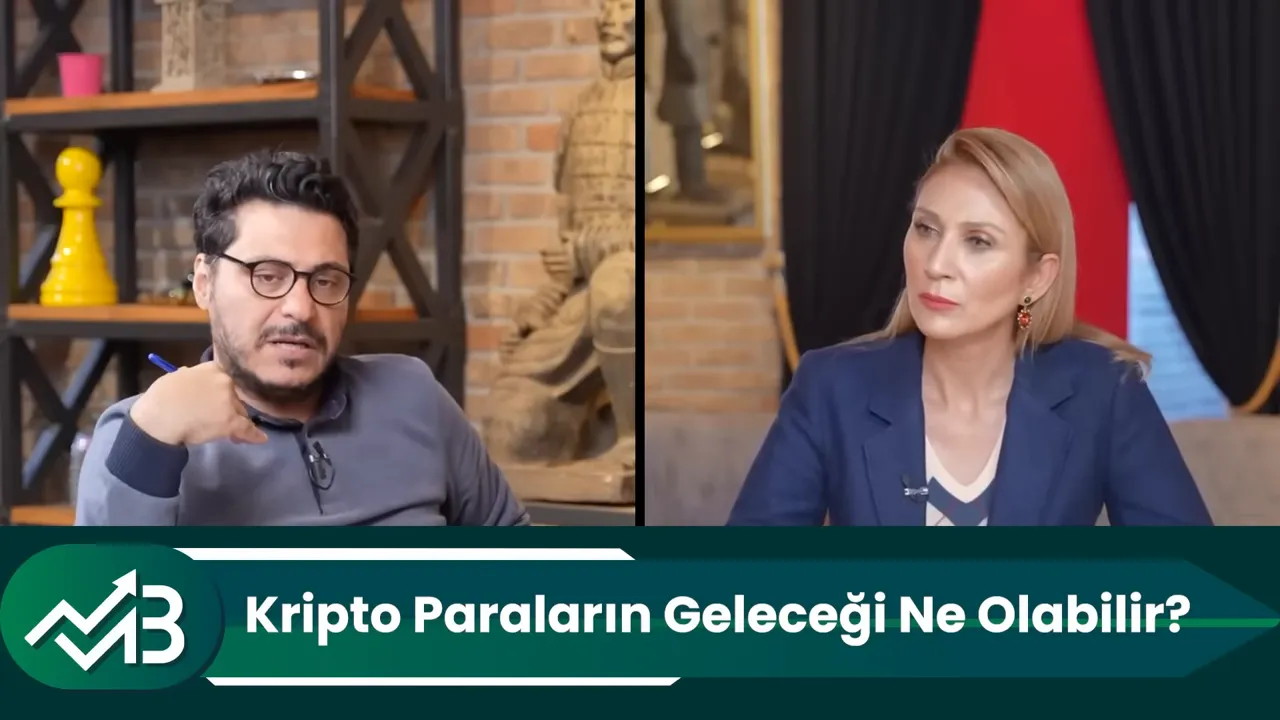 İki konuşmacı kamera karşısında, altta 'Kripto Paraların Geleceği Ne Olabilir?' yazısı