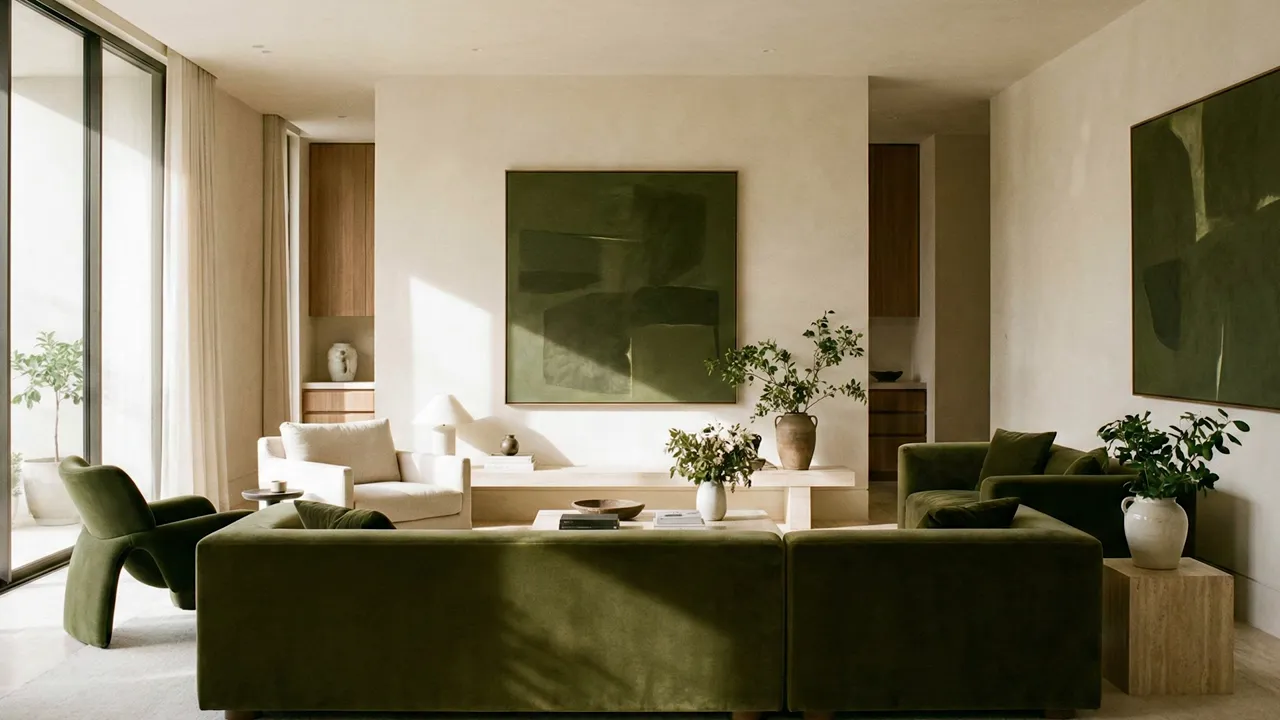 N&ouml;tr bej zemin ve zeytin yeşili vurgu ile modern oturma odası d&uuml;zeni.