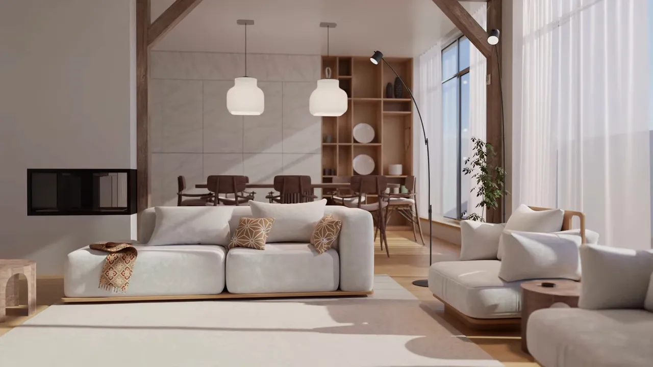 Modern salon d&uuml;zeni, entegre depolama rafları, sarkıt lambalar ve b&uuml;y&uuml;k pencere