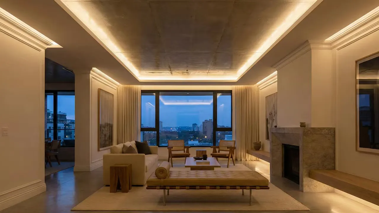 Katmanlı aydınlatma ve gizli tavan ışıkları olan l&uuml;ks salon