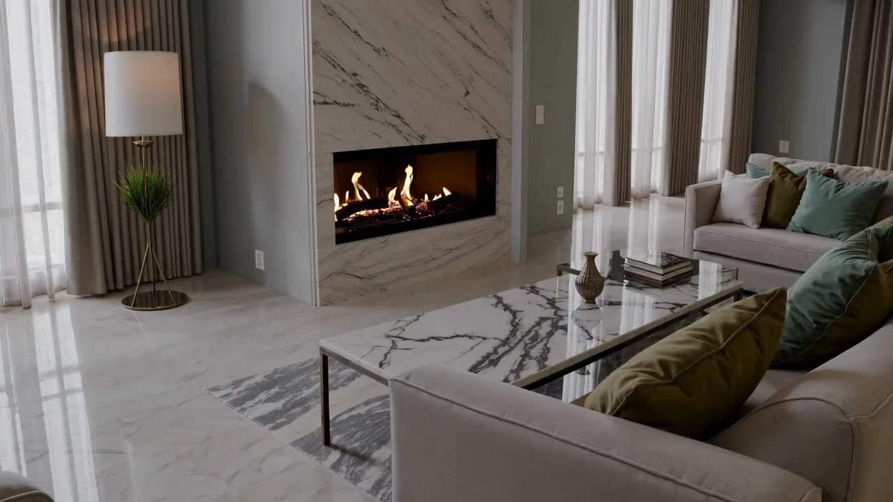 mermer ş&ouml;mine, parlak mermer sehpa ve n&ouml;tr tonlarda oturma grubu