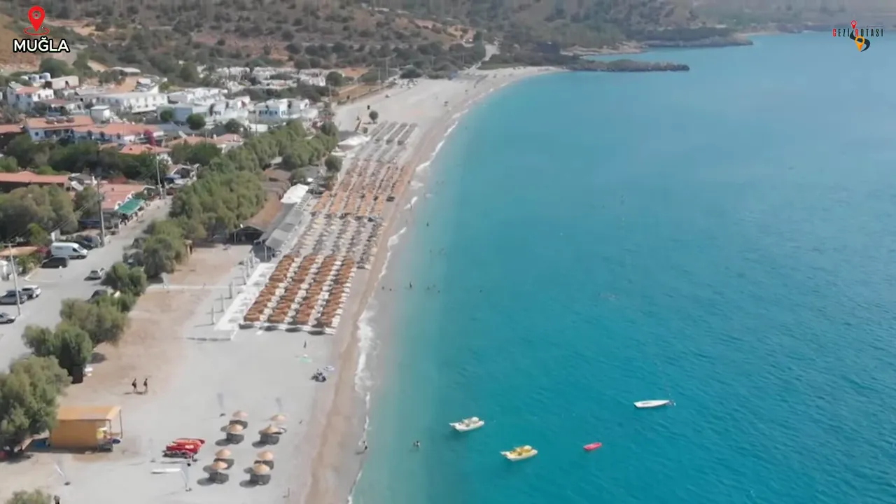 Palamutbükü plajı geniş açı drone görüntüsü; uzayan sahil, sıra şemsiyeler ve berrak turkuaz deniz