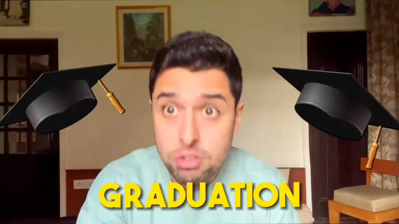Host framed by two graduation caps with large yellow 'GRADUATION' text across the bottom