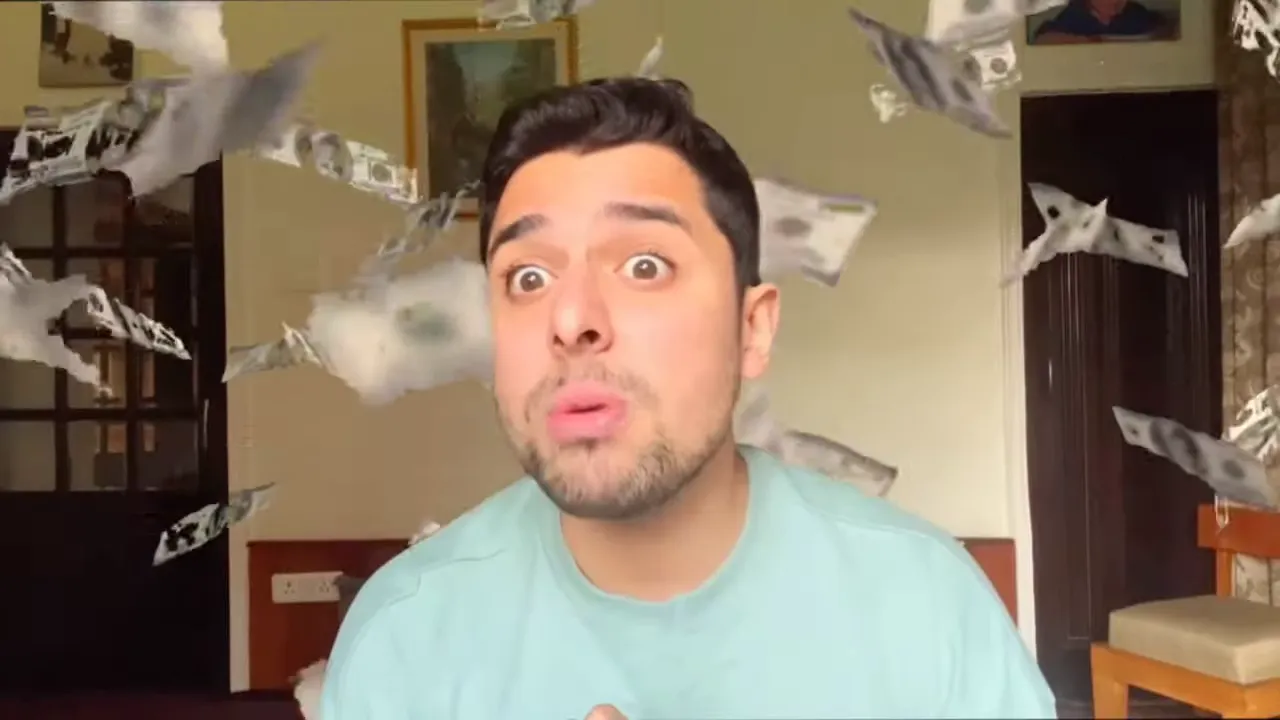 Presenter with falling banknotes visual effect representing money/fees