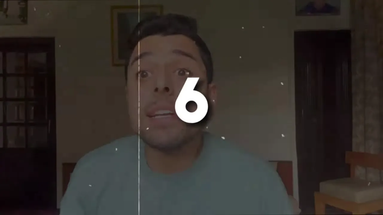 Video host with a large '6' overlay indicating the sixth university in the countdown.