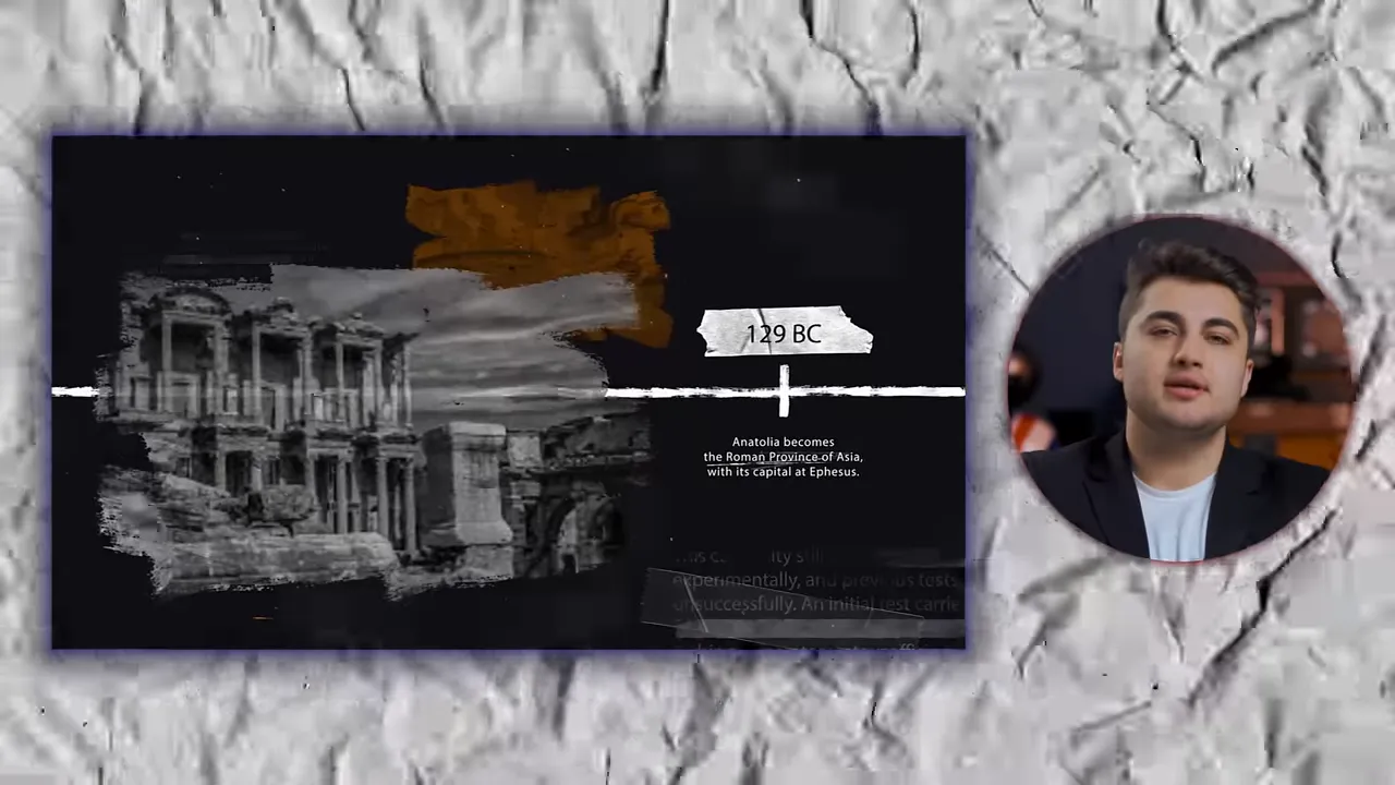 Black-and-white timeline slide showing ruins of Ephesus (Library of Celsus) with '129 BC' label