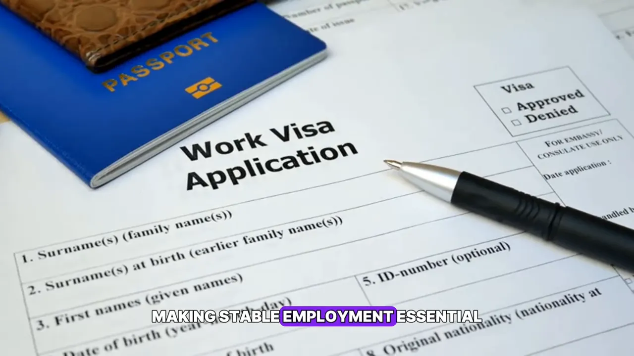 blue passport and a work visa application form with a pen on top