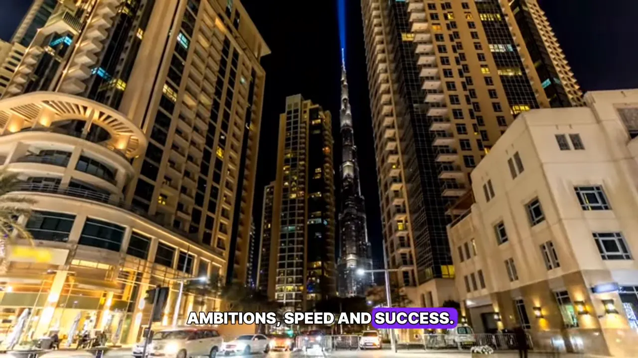 nighttime Dubai skyline with Burj Khalifa framed by tall residential towers