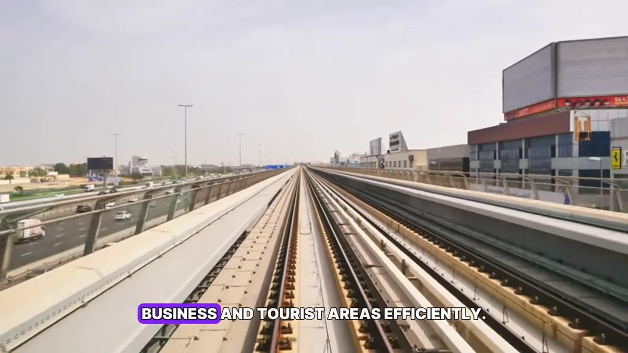 Straight elevated metro tracks in Dubai converging at the horizon, showing modern public transport infrastructure.