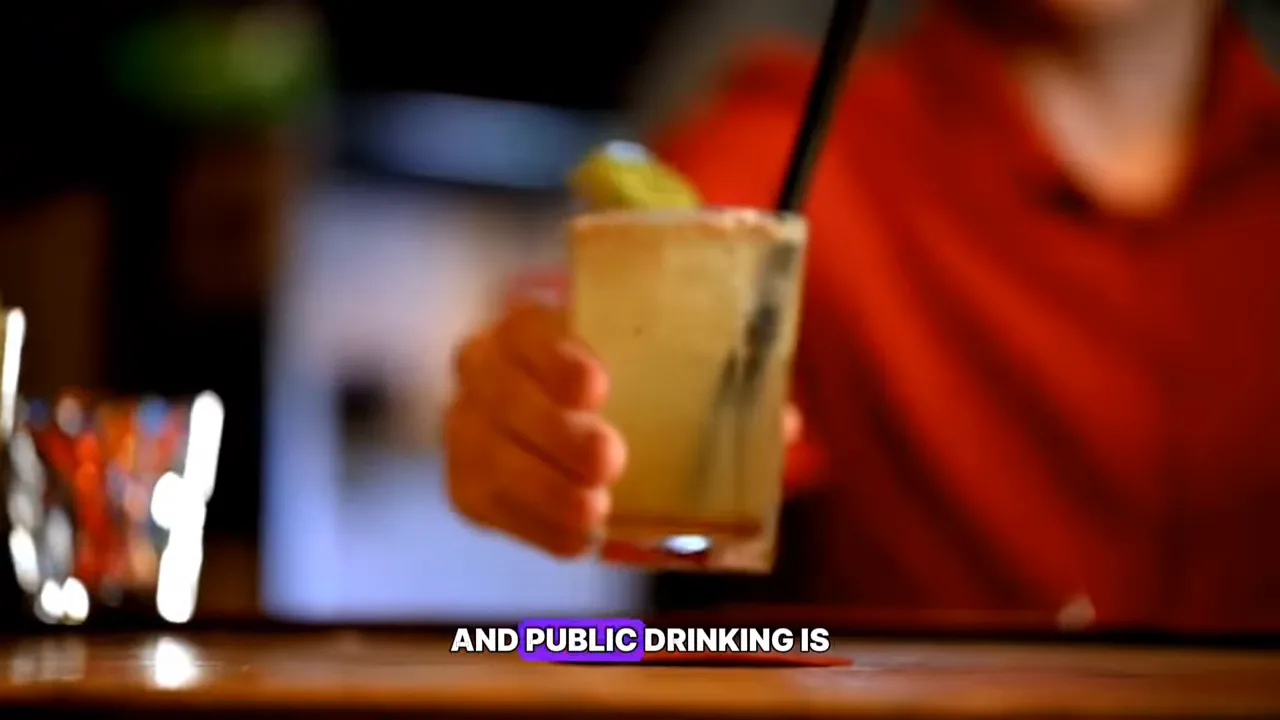 Hand holding a cocktail glass at a bar with a straw and garnish, subtitle 'AND PUBLIC DRINKING IS'