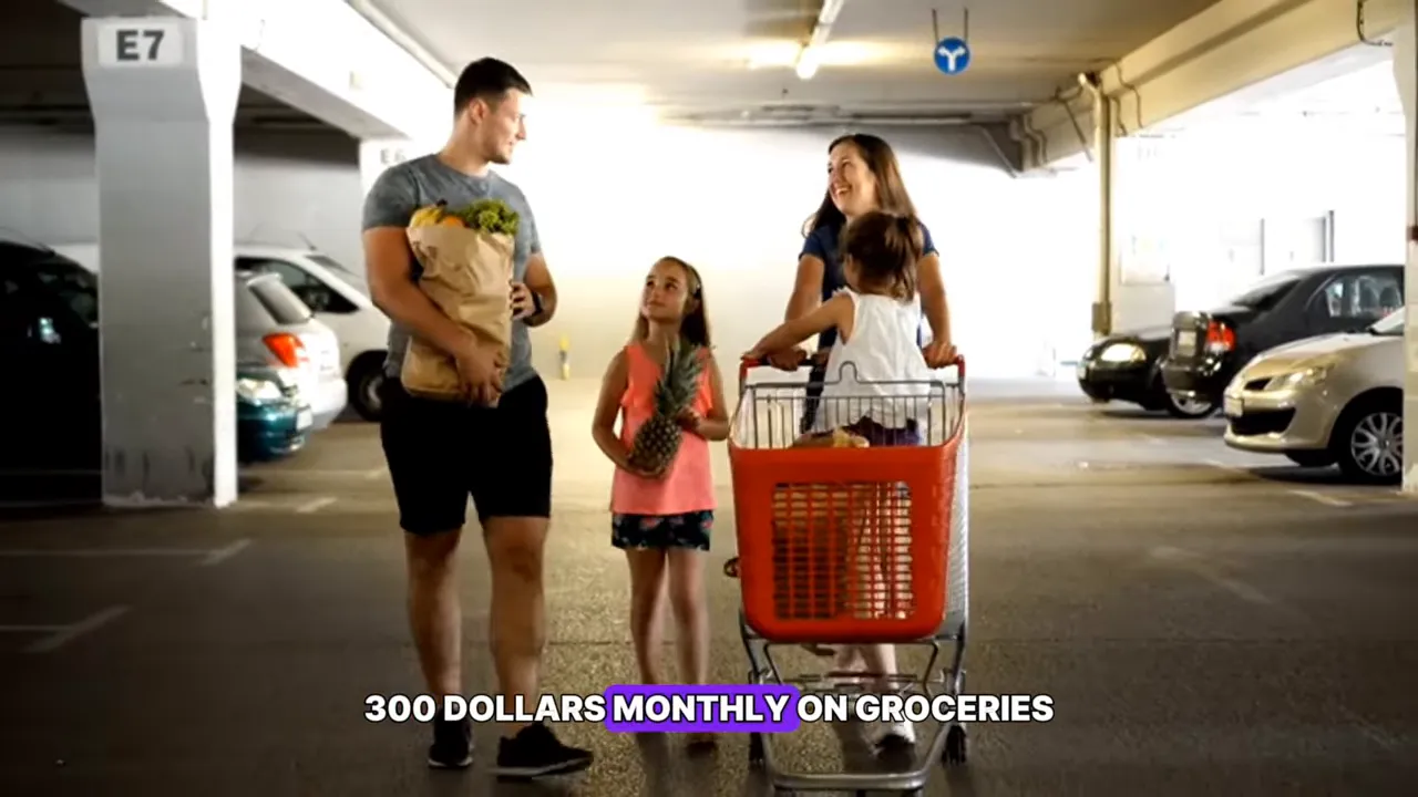 family pushing shopping cart and carrying groceries in parking garage