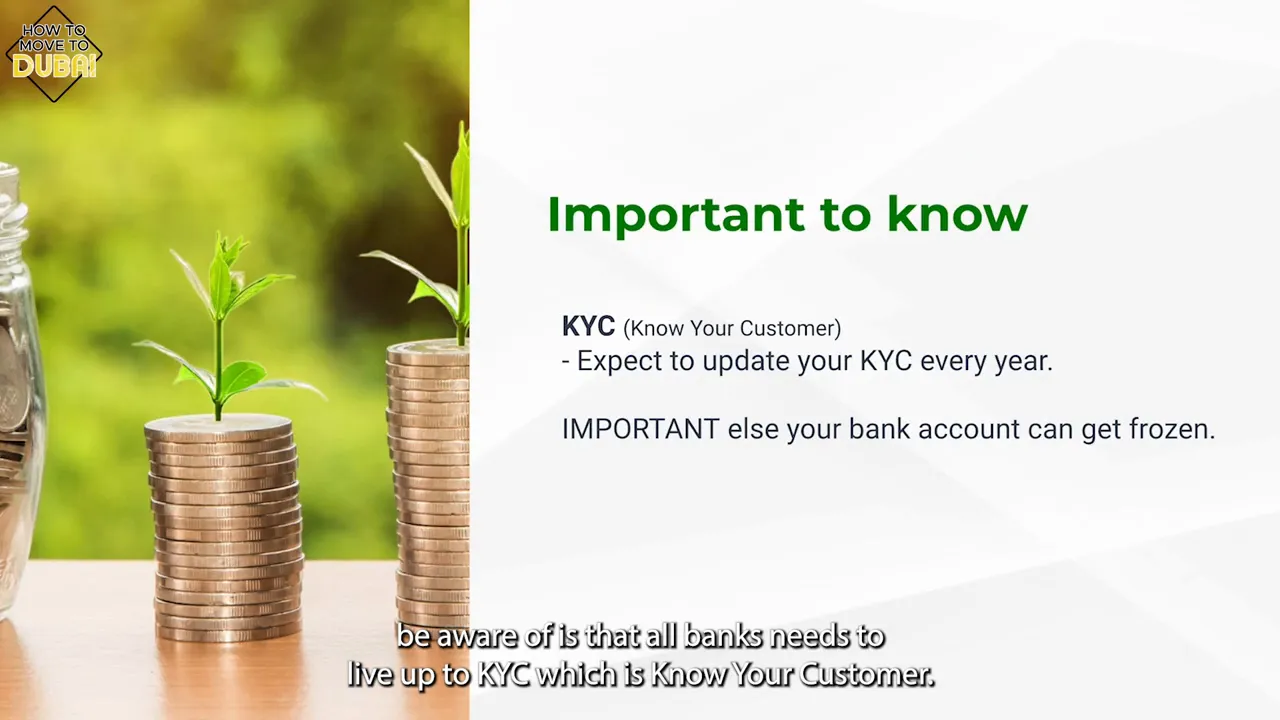 Slide explaining KYC (Know Your Customer) updates every year to avoid freezing a bank account