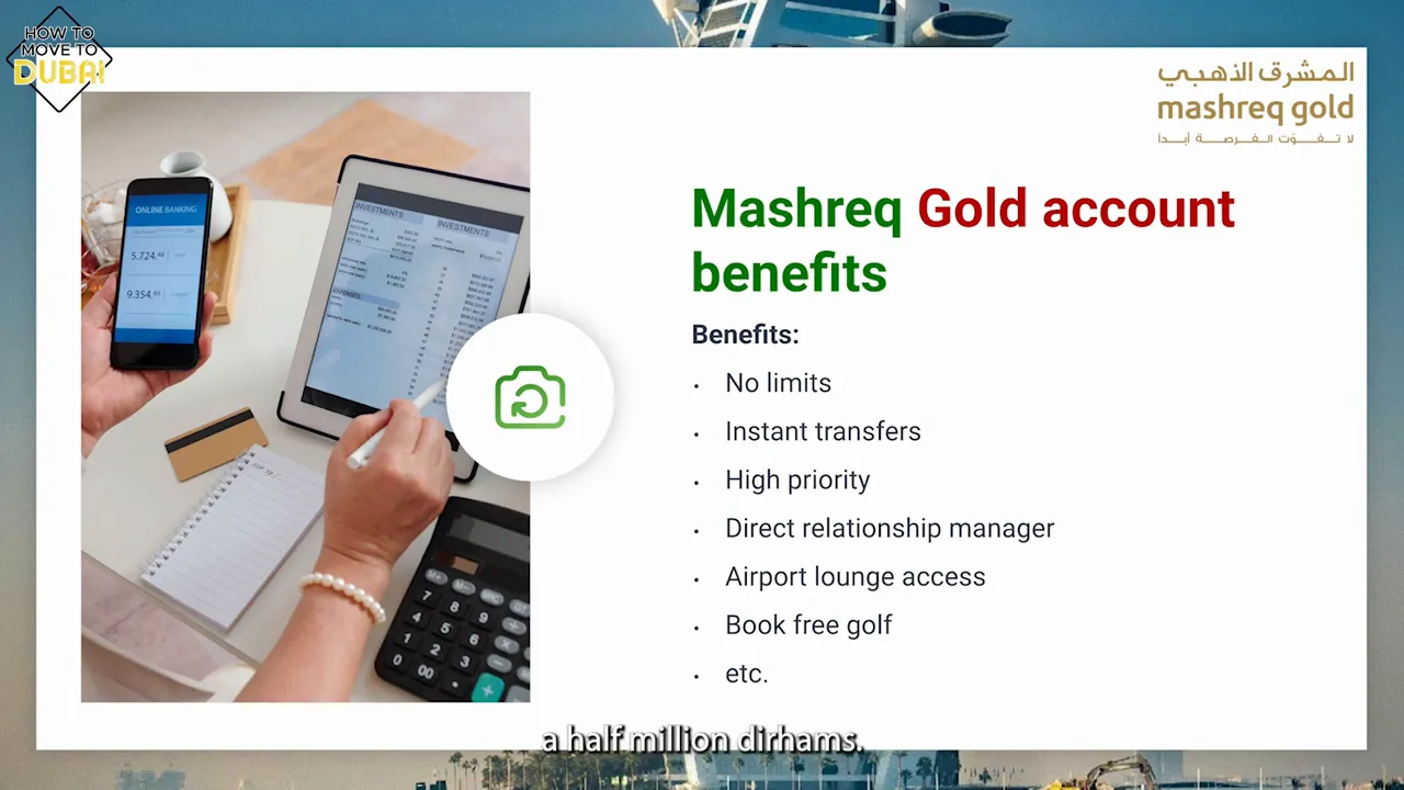 Mashreq Gold minimum funds requirement illustrated on a benefits slide
