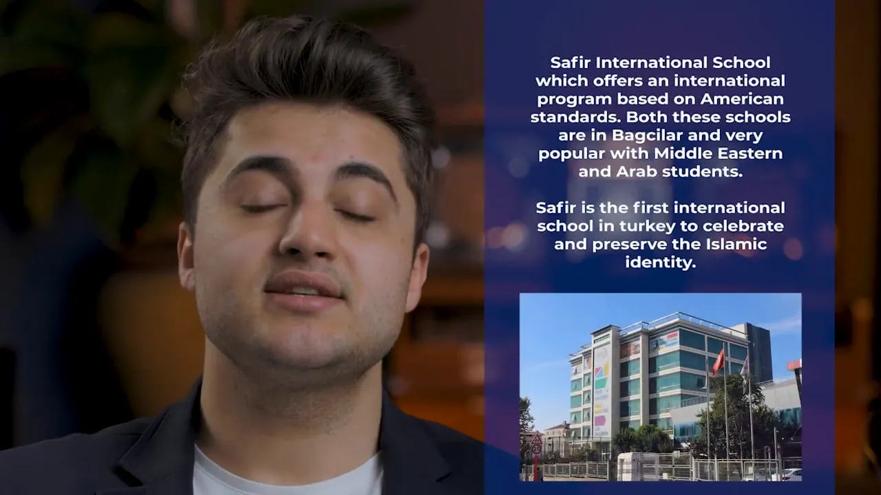 Presenter with slide about Safir International School and a clear photo of the school's building