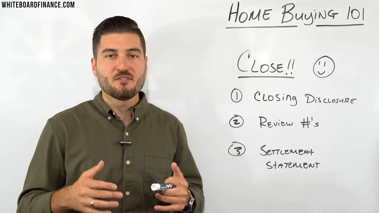 Presenter standing centered beside a whiteboard titled 'Home Buying 101' with 'Close!!' checklist clearly visible