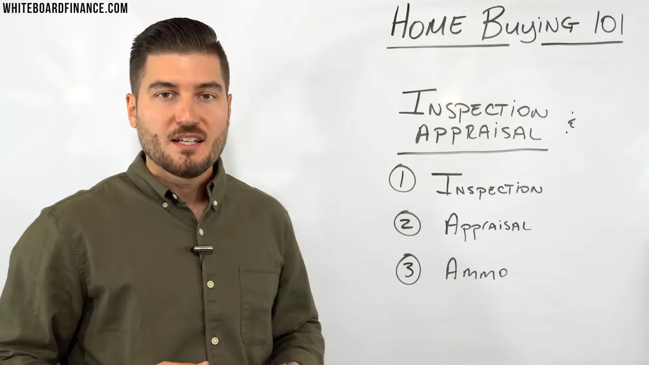 Presenter next to whiteboard showing 'Home Buying 101' and an 'Inspection & Appraisal' checklist
