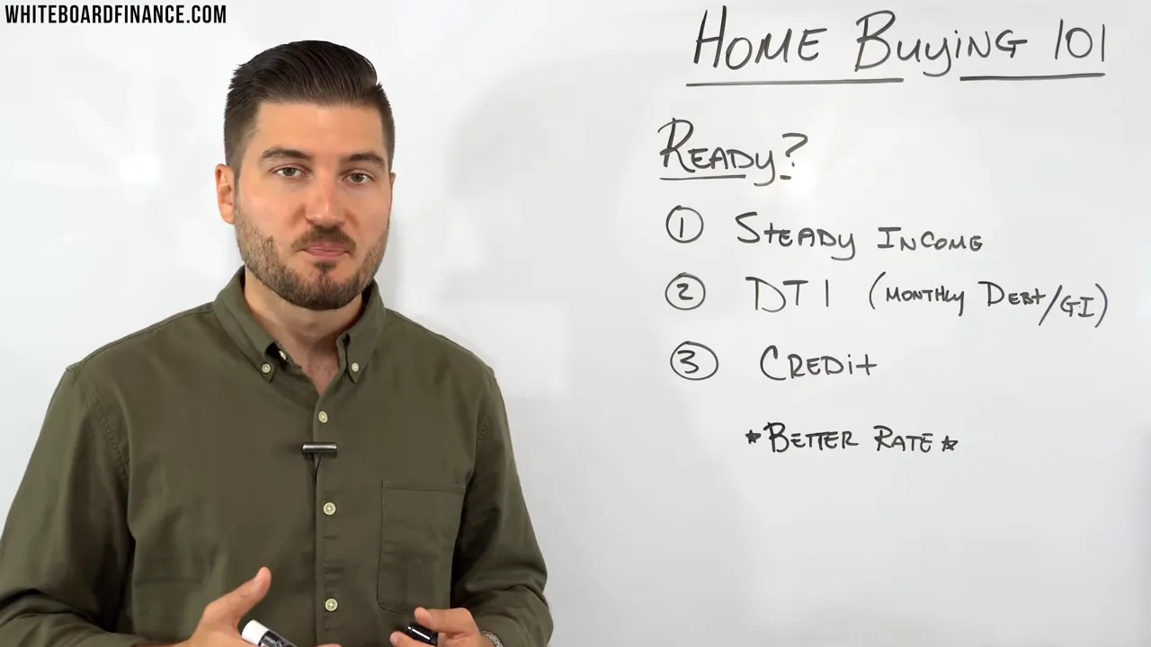 Clear shot of presenter beside a whiteboard that lists 'Steady Income, DTI (monthly debt/gross income), Credit' under a 'Ready?' heading