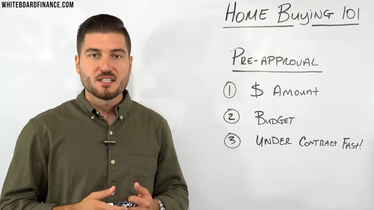 Presenter standing beside a whiteboard with 'Pre-approval' and items: dollar amount, budget, under contract fast.