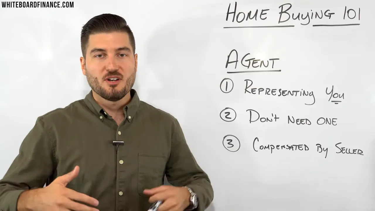 Presenter beside a whiteboard listing 'Agent' points: representing you, don't need one, compensated by seller.