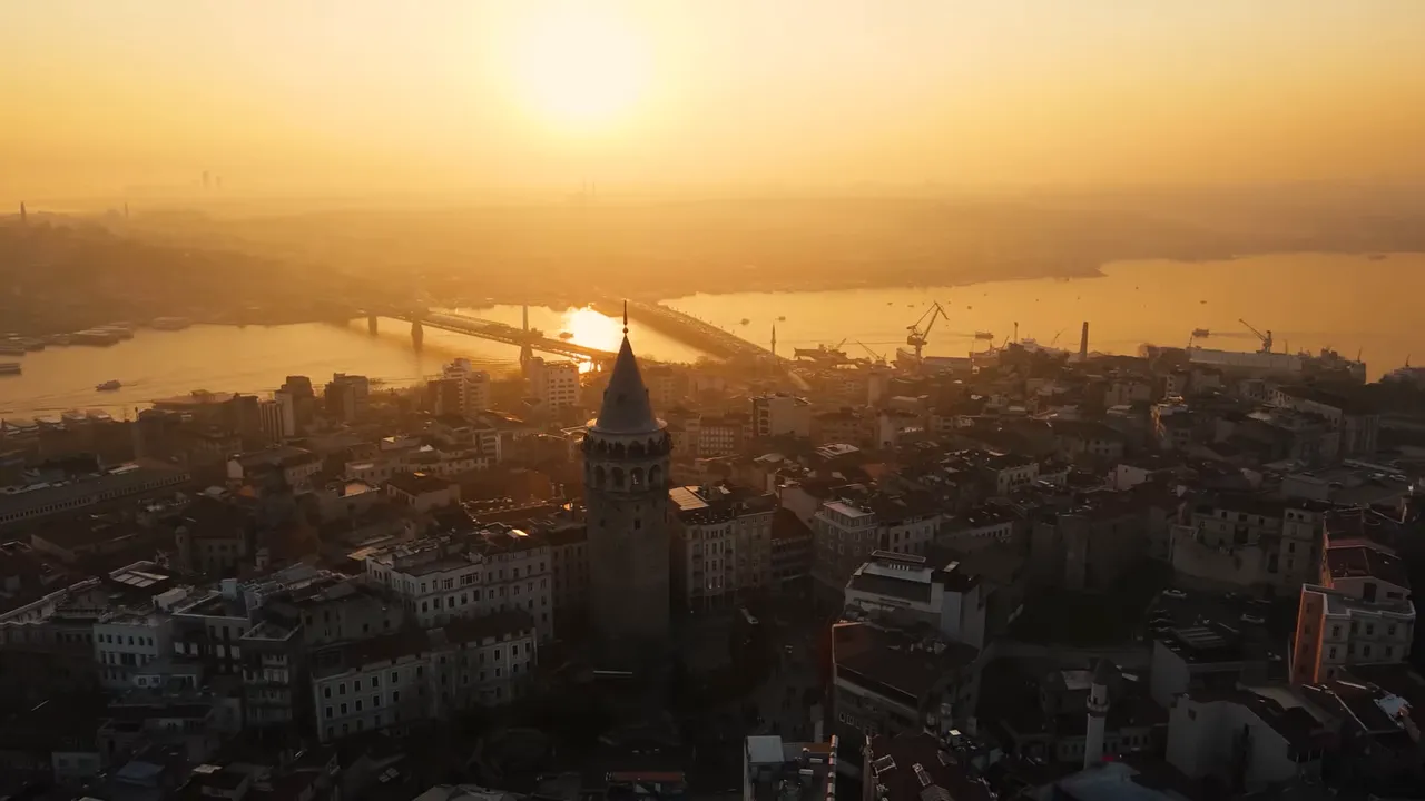 Aerial sunset view of Istanbul showing Galata Tower, the Golden Horn and the city skyline