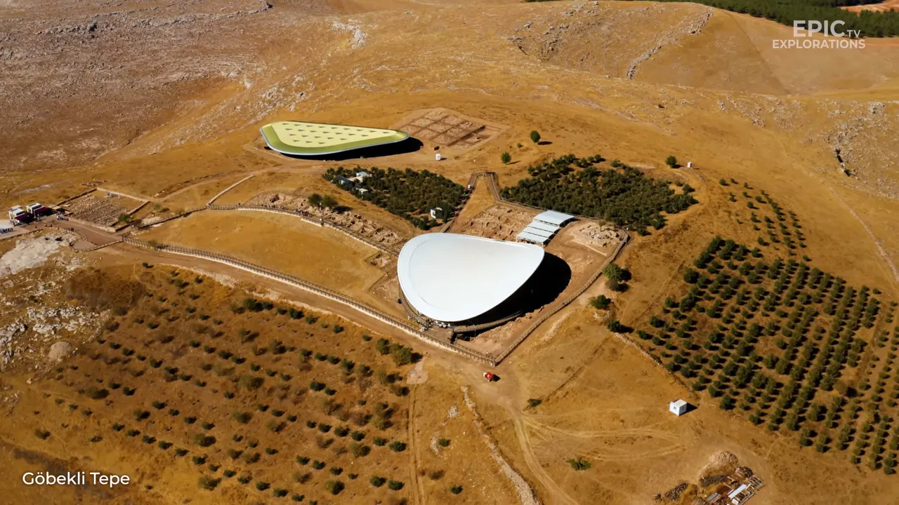 High-resolution aerial shot of Göbekli Tepe showing its circular enclosures under protective covers and the arid landscape around them.