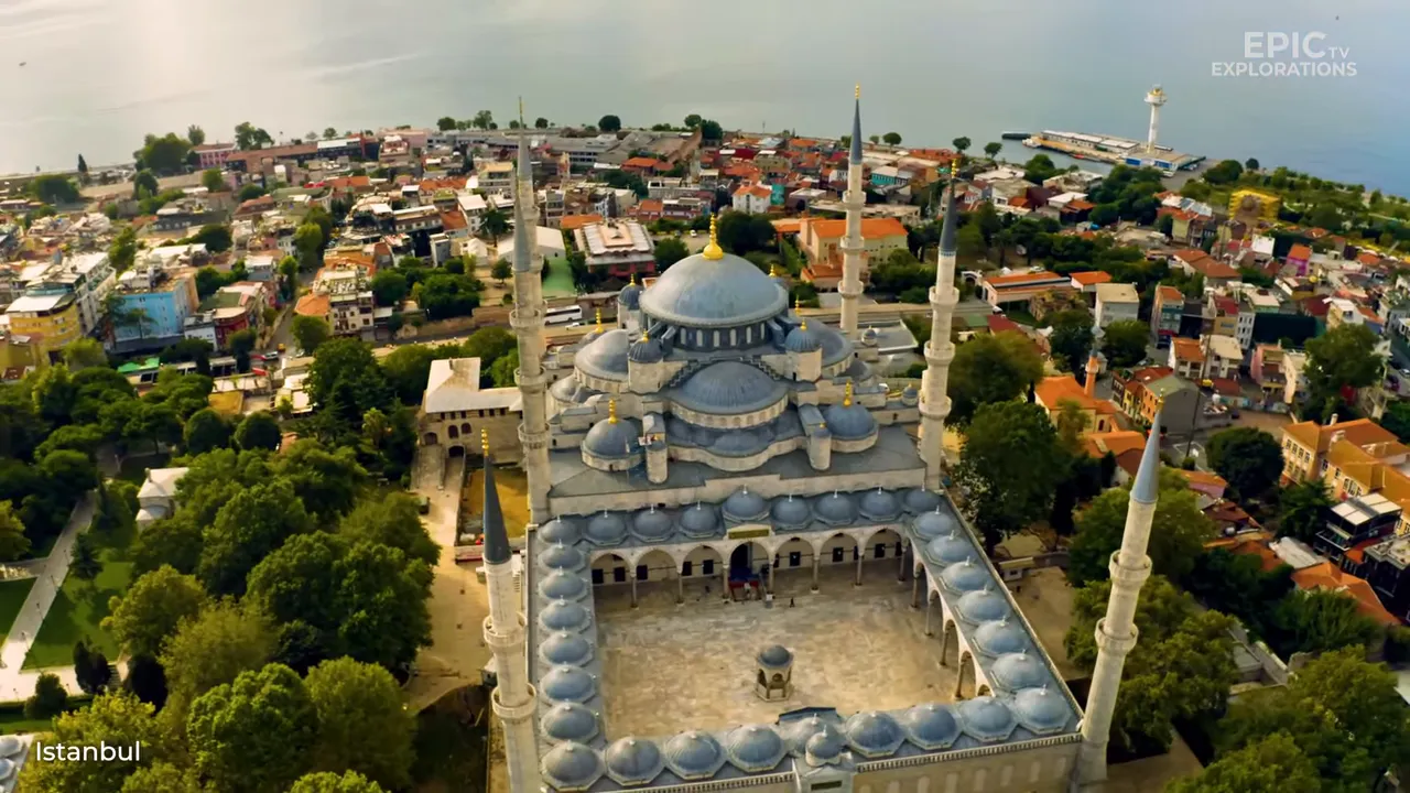 High-resolution aerial photograph of the Blue Mosque with Istanbul coastline in background