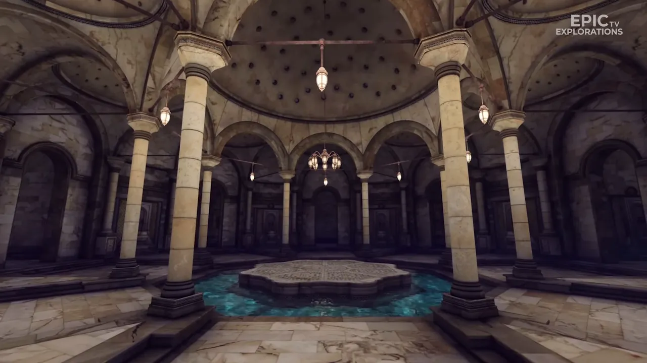 Interior of a traditional Turkish hamam with octagonal central fountain, marble columns and hanging lamps