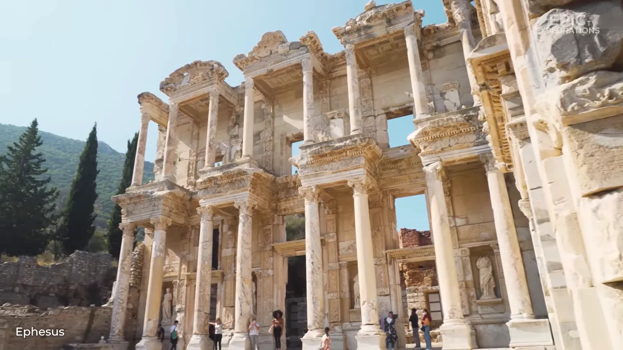 Full frontal view of the Library of Celsus in Ephesus showing its marble façade, columns, niches and people for scale