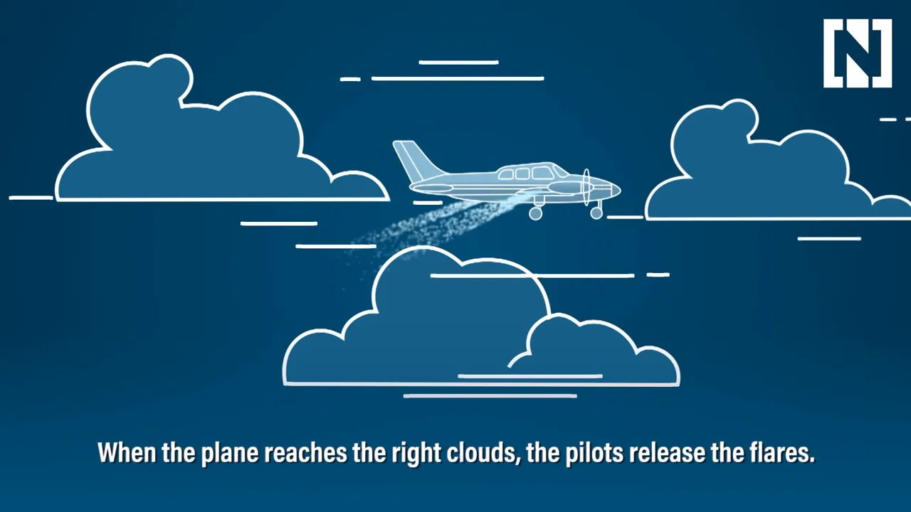 Illustrated plane flying between clouds releasing a visible trail of seeding flares.