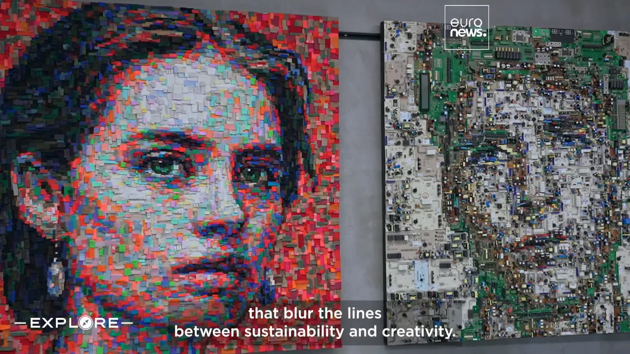 Colourful portrait made of many small recycled pieces beside an artwork constructed from electronic circuit boards