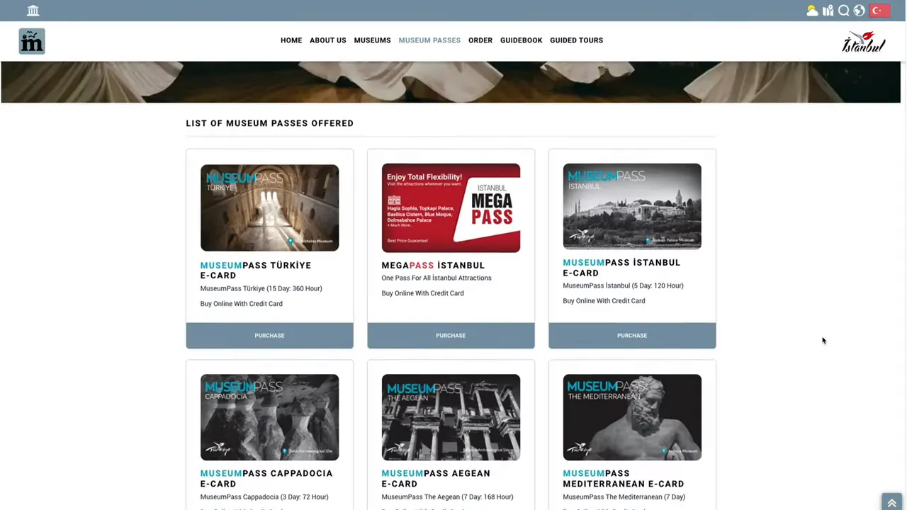 Website page showing a list of MuseumPass cards with images, names and purchase buttons