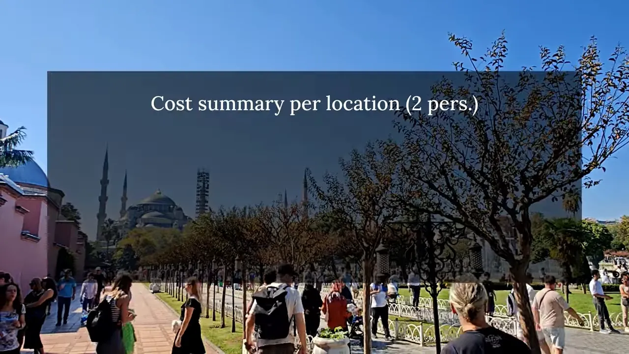 Slide that reads 'Cost summary per location (2 pers.)' over an Istanbul landmark background